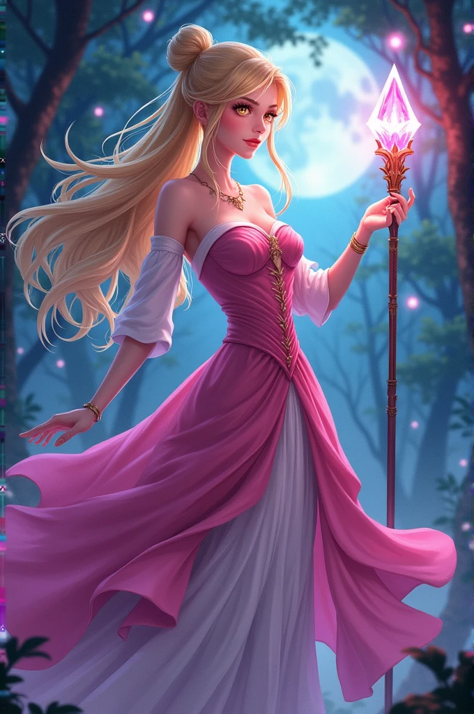 Adult anime woman, long blonde hair tied up, pink magician's dress, holding a staff with a pink glowing crystal in one hand, casting a spell of mist or smoke in the other hand, yellow-orange eyes