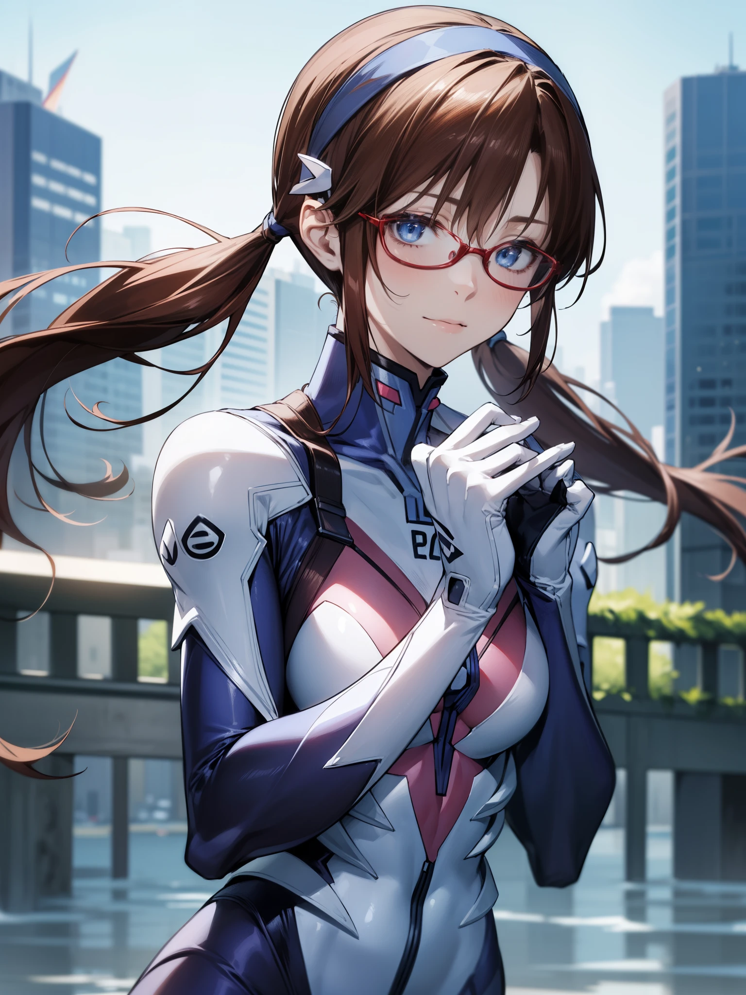 marimakinami, Mari Makinami, blue eyes, Brown Hair, Glasses, head band, Twin tails,
break bodysuit, ピンクのハイレグ競泳水着
break outdoors, city,
break looking at viewer, 
break (masterpiece:1.2), Highest quality, High resolution, unity 8k wallpaper, (shape:0.8), (Beautiful attention to detail:1.6), Highly detailed face, Perfect lighting, Extremely detailed CG, (Perfect hands, Perfect Anatomy),