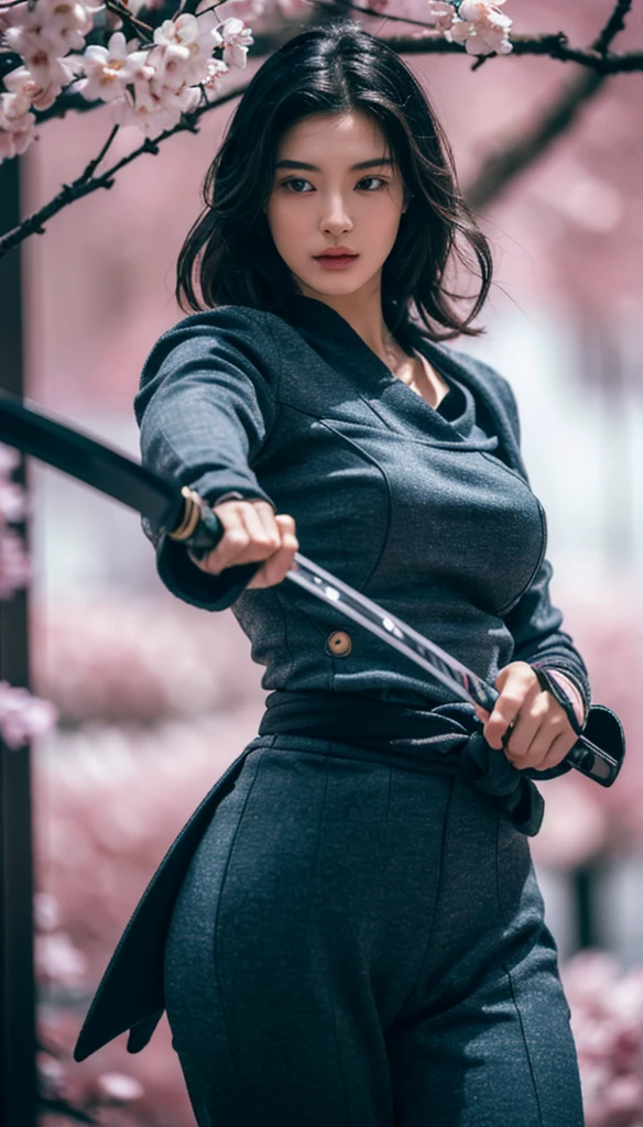 Ultra-realistic 8K CG, picture-perfectionな顔, perfection, clean, masterpiece, Professional artwork, Famous works of art, Cinema Lighting, Cinematic Flowers,((Black Hair)),(One person),perfectionな顔, (young:1.1),((Fits your body type)),((Age 25)), Beautiful Face, Beautiful Blue Eyes,Detail Eyes, Detailed aspect, (((perfectionな女性の体, Tight waist))),(Large Breasts:1.3)roller:GoodHands - Beta 2:1>, , ((Are standing)),Upper Body,Blade sideways,Strike Pose,Lower the blade,Blade Right Hand,, cherry blossoms,, (masterpiece, 最high quality, high quality, High resolution, Very detailed),Japanese,,samurai armor,,