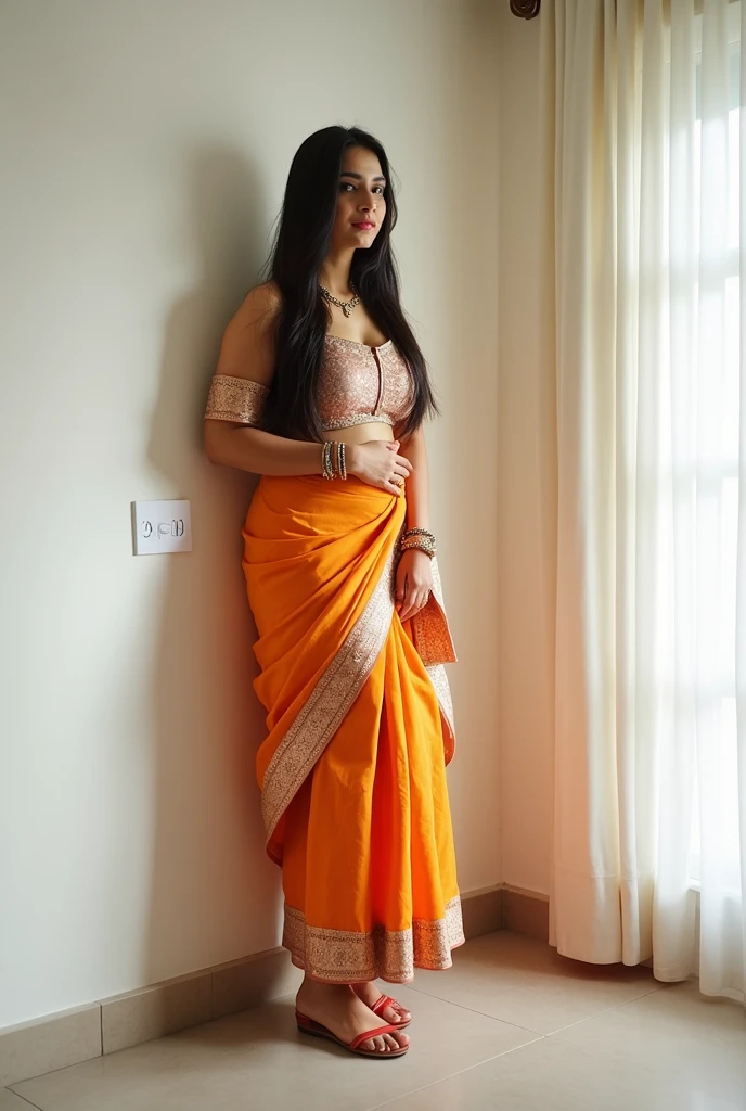 (photorealism:1.2), beautiful indian north indian married chubby woman, 35yo, standing against white wall at home, wearing indowestern skirt amd choli top, long straight hair, indoors, soft lighting, nothing in background, matching traditional footwear