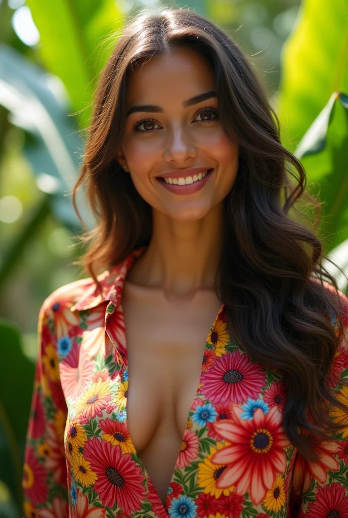 A Brazilian woman in a lush tropical garden, wearing an open shirt with a floral print, with a close-up capturing the harmonious beauty between her breasts and the natural flowers, showing off your natural charm and outgoing personality.