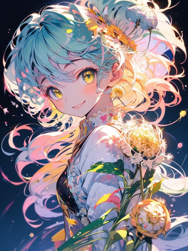 Masterpiece、smile、Anime Girls, White Hair、 Green Eyes、Cute Anime Girls、smile、((Yellow dandelion))、fractal art、Gwaiz、garden、Flower garden