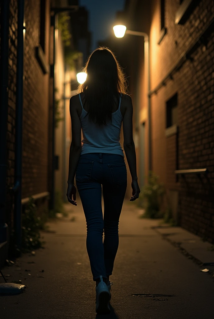 A girl, walking on street, pic from up angle, fine mature body, faceless, at night, wearing white tanktop w jeans, self taken pic. Make it rough so it looks real