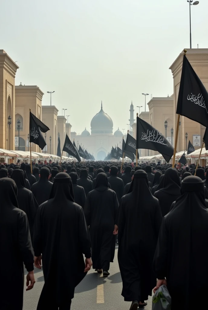 Create a highly detailed and emotionally evocative scene set in Karbala, Iraq, during the Arbaeen pilgrimage. The image should depict a large crowd of mourners dressed in black clothing, solemnly walking towards the shrine of Imam Hussain. Along the roadside, there are makeshift camps where volunteers, also in black, distribute fruits, dates, milk bottles, and water bottles to the pilgrims. The volunteers are sorrowful, reflecting the deep grief of the occasion. The sky is overcast, and the atmosphere is filled with a sense of reverence and mourning. Many of the mourners carry black flags with 'Ya Hussain' written in bold white letters. The architecture and surroundings should evoke the historical and sacred nature of Karbala, with traditional buildings and a glimpse of the shrine in the background."