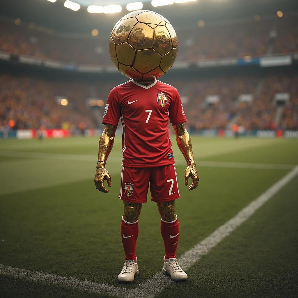 A faceless soccer player wearing a jersey with the number 7 and the name tabala is standing in font of all his trophiea