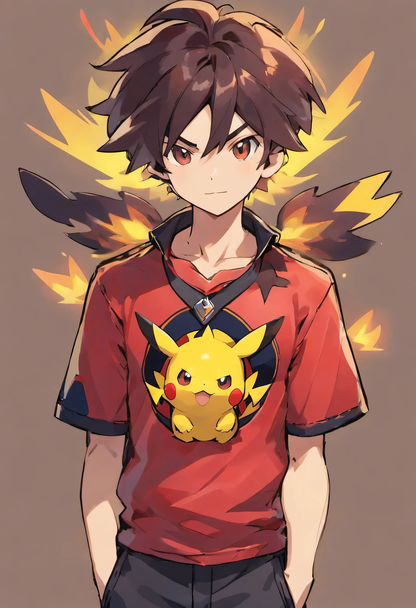 pokemon trainer, featured 1 man, darkskin, short spiky hair, red pendant cord, black short shirt, next to the pokemon Haxorus