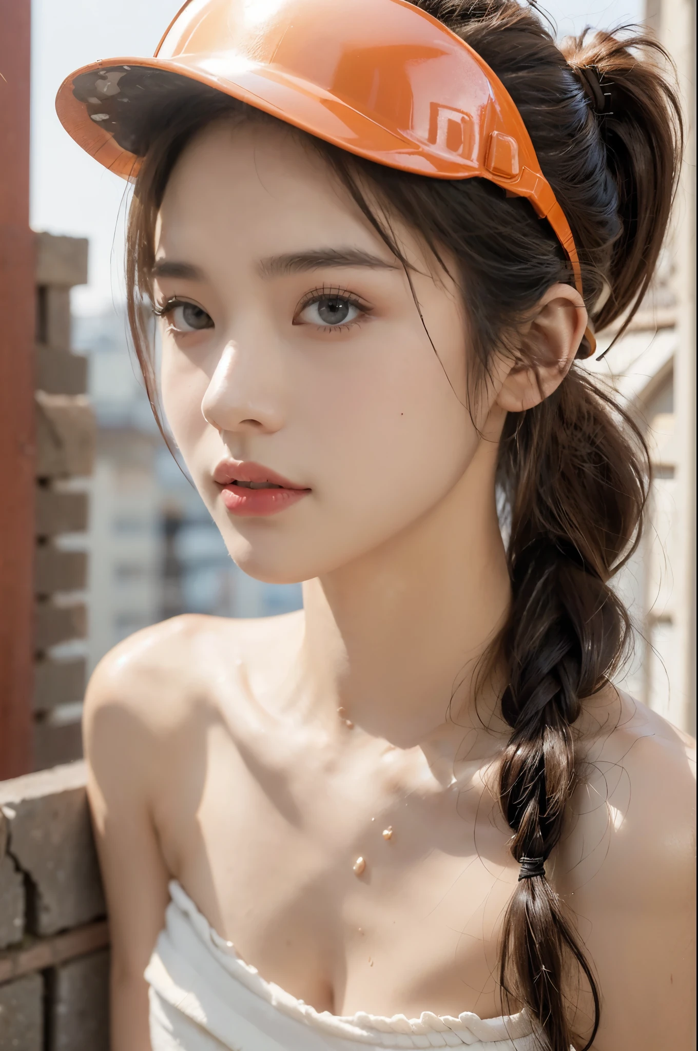 (((best quality))), (((ultra detailed))), (((masterpiece))), illustration,((a beautiful girl,solo)),(hard hat:1.3),(short ponytail:1.2),(flushed cheeks:1.3),(Brownish red skin:1.3),((sweat,wet)),((slim,thin)),((small breasts,flat chest)), (strapless dirty torn white bra:1.3),(High altitude construction site:1.3),(on the roof:1.2),(outdoor:1.2),(bricks:1.3), scorching sun, vibrant city,((cement, dust)), determined hustle, quiet, determined girl, indomitable spirit, human resilience, perseverance, unwavering resolve, back-breaking work, awe, respect, narrative, sacrifice, hard work,city buildings,((from front,close-up of face))