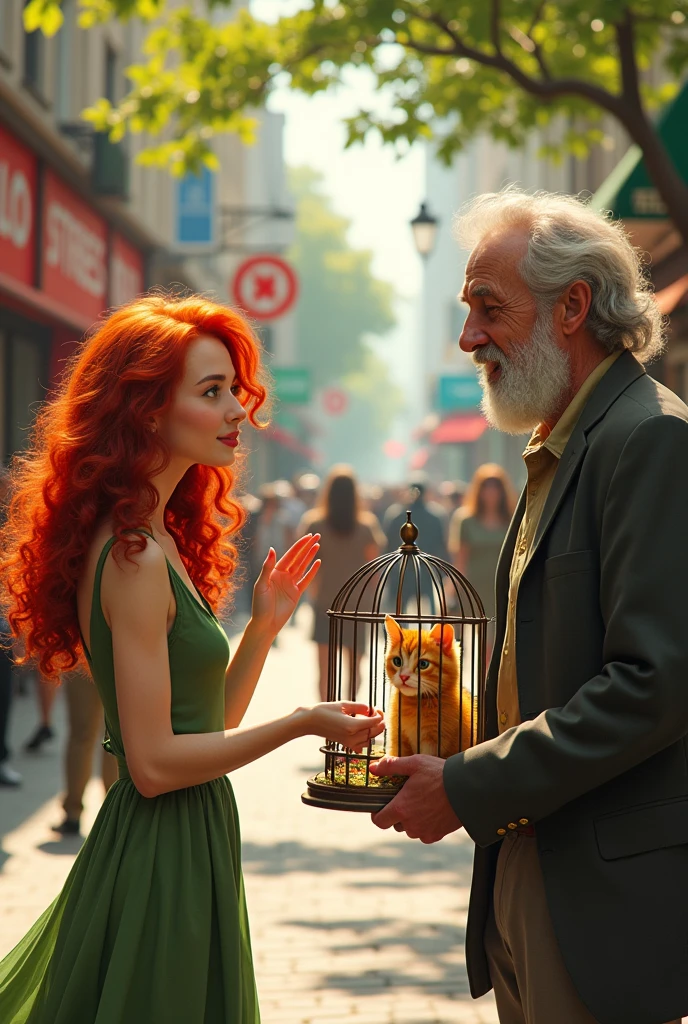 Realistic image of a red-haired woman on the street receiving from an older man a cage with a yellow kitten inside.