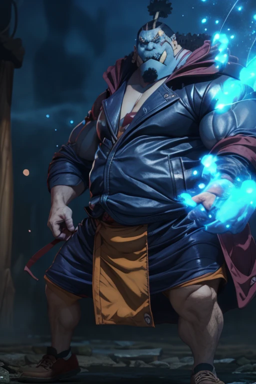 Anime characters (Blue Skin) (elder), (Bare your fangs), Huge muscles, short hair, Wearing a jacket, (Movie-like particle VFX background), Dark Background