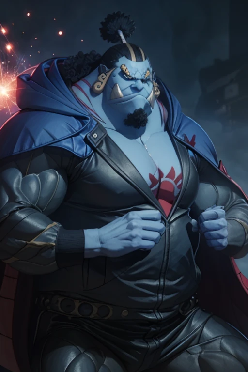 Anime characters (Blue Skin) (elder), (Bare your fangs), Huge muscles, short hair, Wearing a jacket, (Movie-like particle VFX background), Dark Background