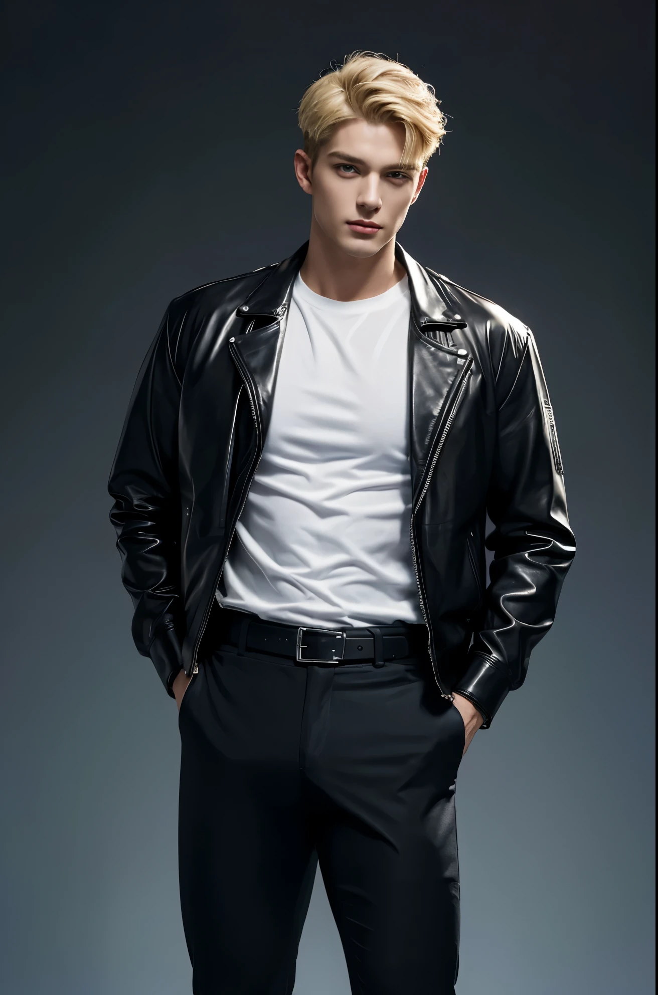 4k, high resolution, best quality, masterpiece, perfect color, perfect shade, perfect lighting, Posted by e621, ((handsome man)), perfect male figure, Short hair details,Detailed face, perfect face, (stood up), Detailed background, ((Bonifasco Lighting)),blonde hair, wearing black leather jacket, black pants, black leather belt, white shirt,