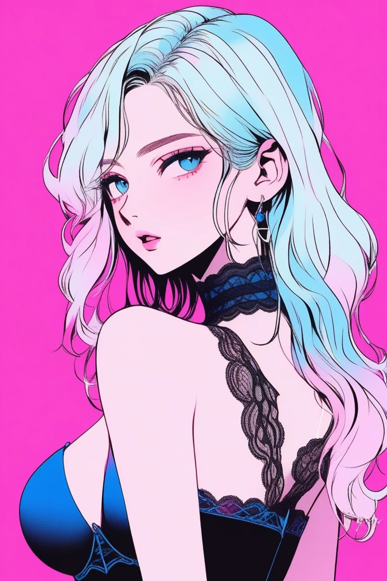 Illustrator, anime , Realistic ,sketch , 1 person, model, Portraiture, lip, She is wearing a black lingerie that looks like a corset, with a strapless design and lots of lace., Wearing a lace panty, order, Blue and pink gradient background, Medium length hair in neon colors, Big Breasts, Sexy look, Sexy pose, Texture Trim, Russia, (masterpiece,Highest quality)