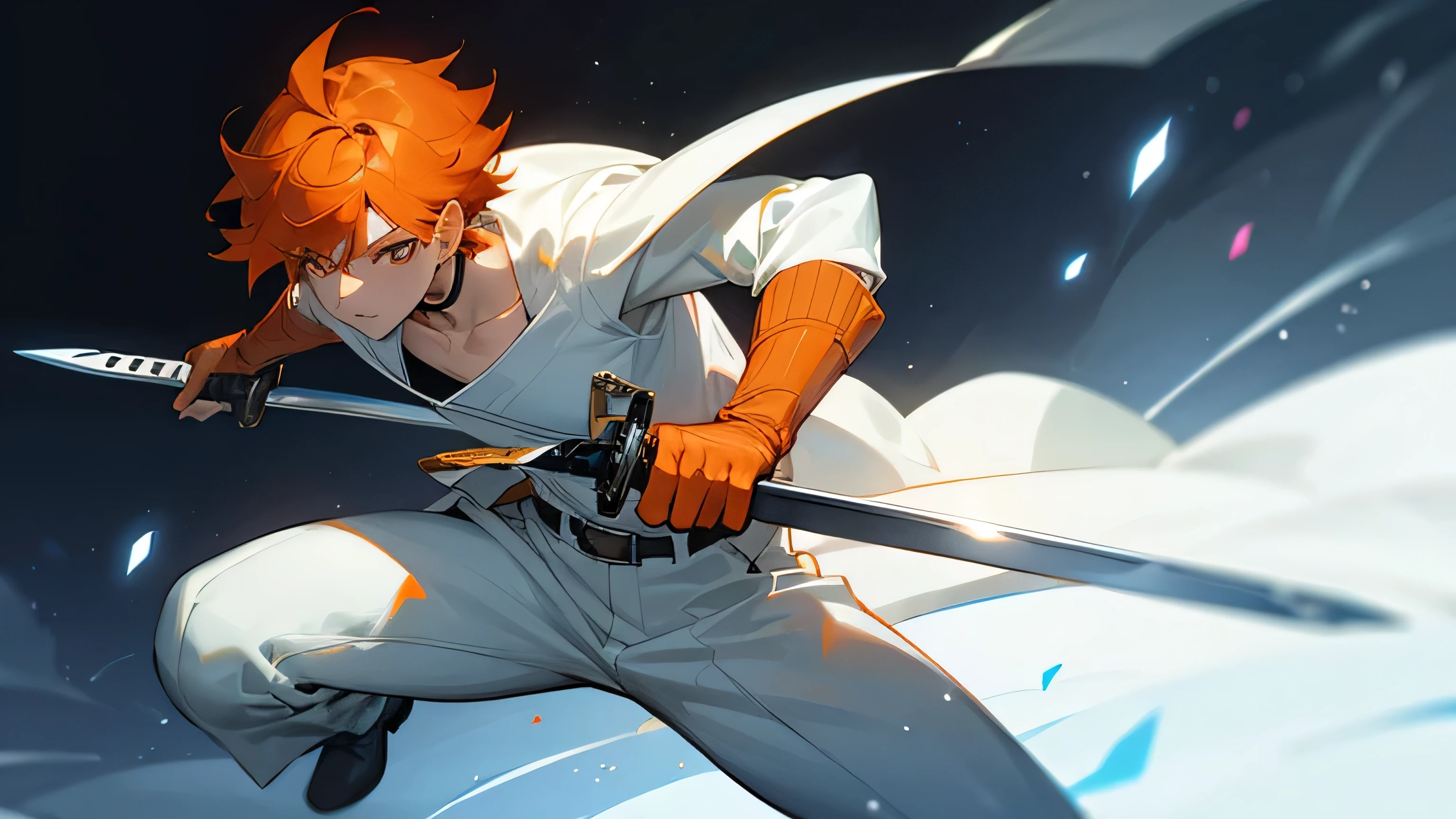 boy, orange hair, pose with a sword, white clothes, modern sword technology