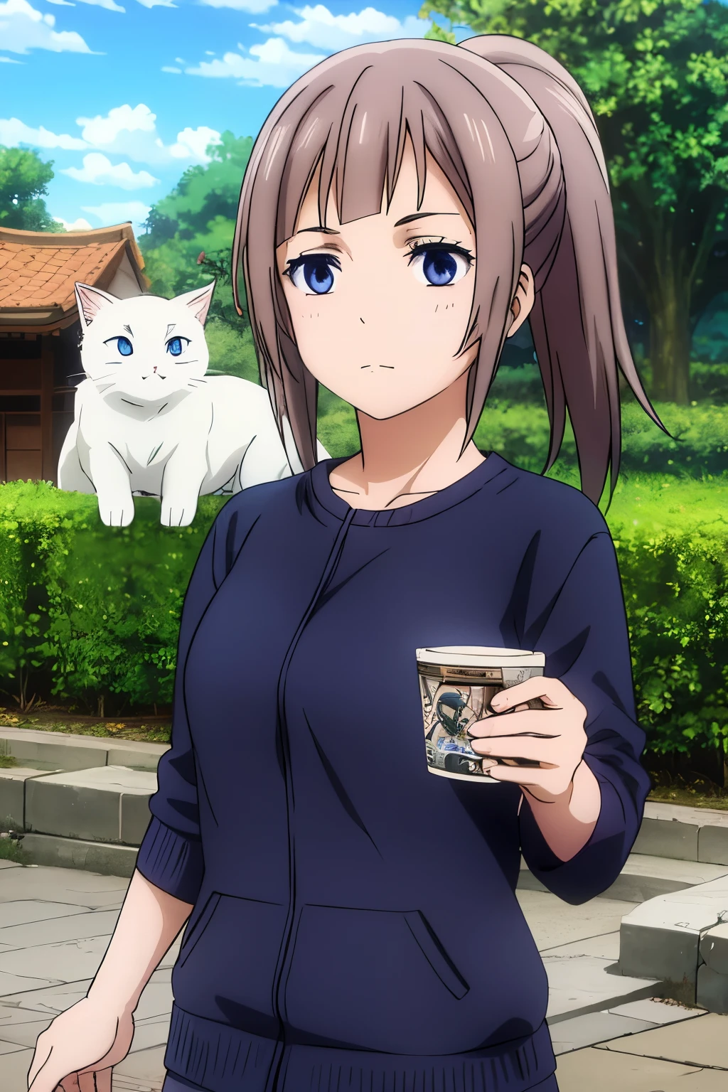 Brown chocolate hair, lilac eyes, uniforn black jujutsu and white cat blue eyes she is battle