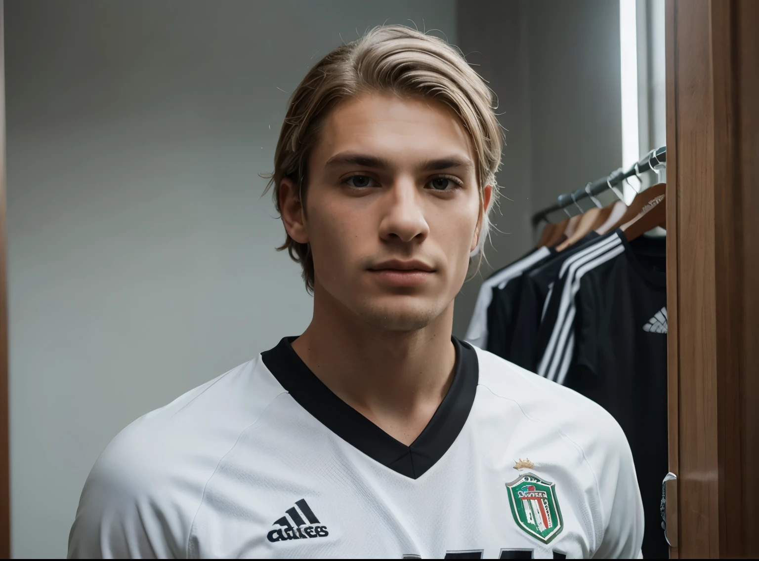 A muscular Italian soccer defender, 22 years old, 192cm tall, freckles, white hair in a parted preppy hairstyle, wearing a black jersey, posing for a portrait in the dressing room, hyperrealistic, highly detailed, 8k, photorealistic, physically-based rendering, studio lighting, dramatic lighting, masculine, athletic, portrait