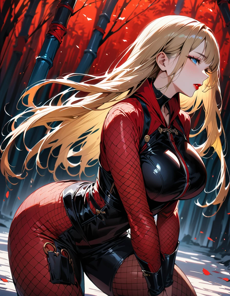 1 young beautiful woman,(Highest quality,Extremely detailed depiction,Incredibly absurd high resolution,Anatomically accurate depiction,Curvy Legs),(Shiny skin),(Blonde,Pin one side of your hair back,Side Blade,Large Breasts,Black bodysuit,Ninja costume:1.2,Fishnet tightsの腕,Fishnet tights,Cowboy Shot,Model pose,latex),(Blue Eyes,Detailed pupil,Half-closed eyes:1.3,Shadowed face,Glossy red lipstick,Cool look),eyelash,Standing posture,background:bamboo forest:1.5