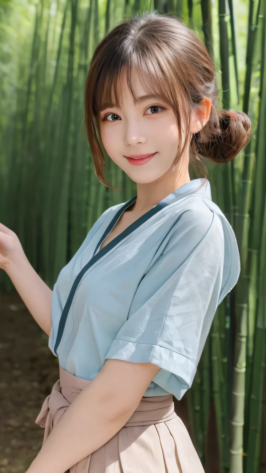 Best image quality (8k, High resolution, masterpiece: 1.2), Very detailed, Random Hairstyles, 26-year-old woman,
Extraordinary beautiful girl、Cute and beautiful face details、(Dealing with the Children_v1:0.008)、
score_9, score_8_upper, score_7_upper,
Walking through the misty bamboo forest
Situation: Slowly walking through the bamboo forest shrouded in morning mist。Light shines through the bamboo、Creates a fantastic atmosphere。
clothing: A woman wearing traditional Japanese clothing。A pale pink kimono、Reflecting against the green of the bamboo forest and the morning light。
Camera angle: Shot from behind, towards the depths of the bamboo forest、Capturing the figure melting into the morning mist。
,Active stop temporarily ,
On her side、The thunder danced。
Focus on the upper waist
, Random cute poses ,Big eyes ,Puffy eyes , Heart pupil, blush , Big shy smile , salute