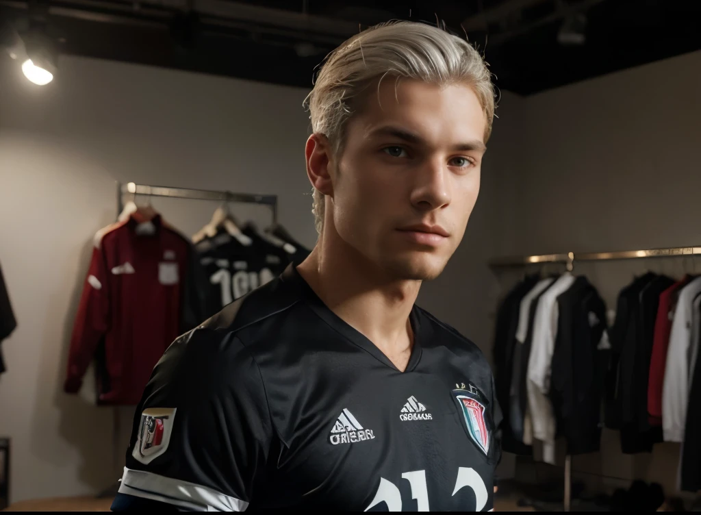 A muscular Italian soccer defender, 22 years old, 192cm tall, freckles, white hair in a parted preppy hairstyle, wearing a black jersey, posing for a portrait in the dressing room, hyperrealistic, highly detailed, 8k, photorealistic, physically-based rendering, studio lighting, dramatic lighting, masculine, athletic, portrait