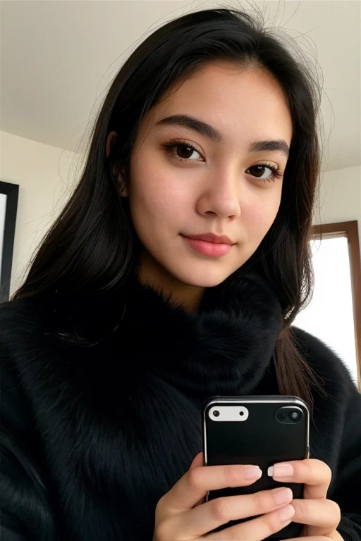 ((Best Quality)), ((masterpiece)), (detailed), 1 girl, black fur , Brown eyes, black sweater , selfie