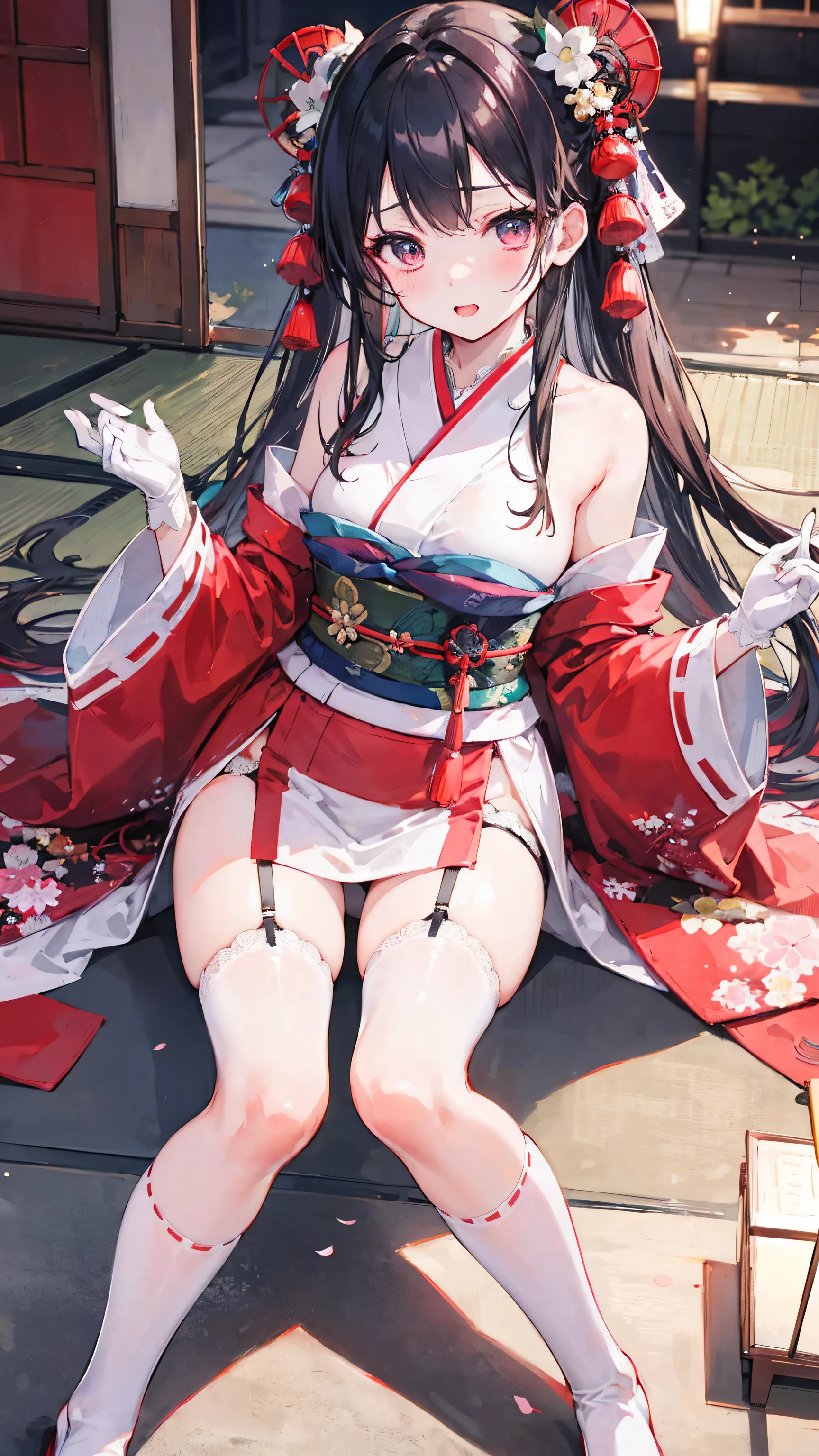 Cute Girls, Japanese Style, High resolution, Ultra Sharp, 8k, masterpiece、Knee-high socks、garter belt、Long gloves、A garment that stretches the shoulders、kimono、Shrine maiden、