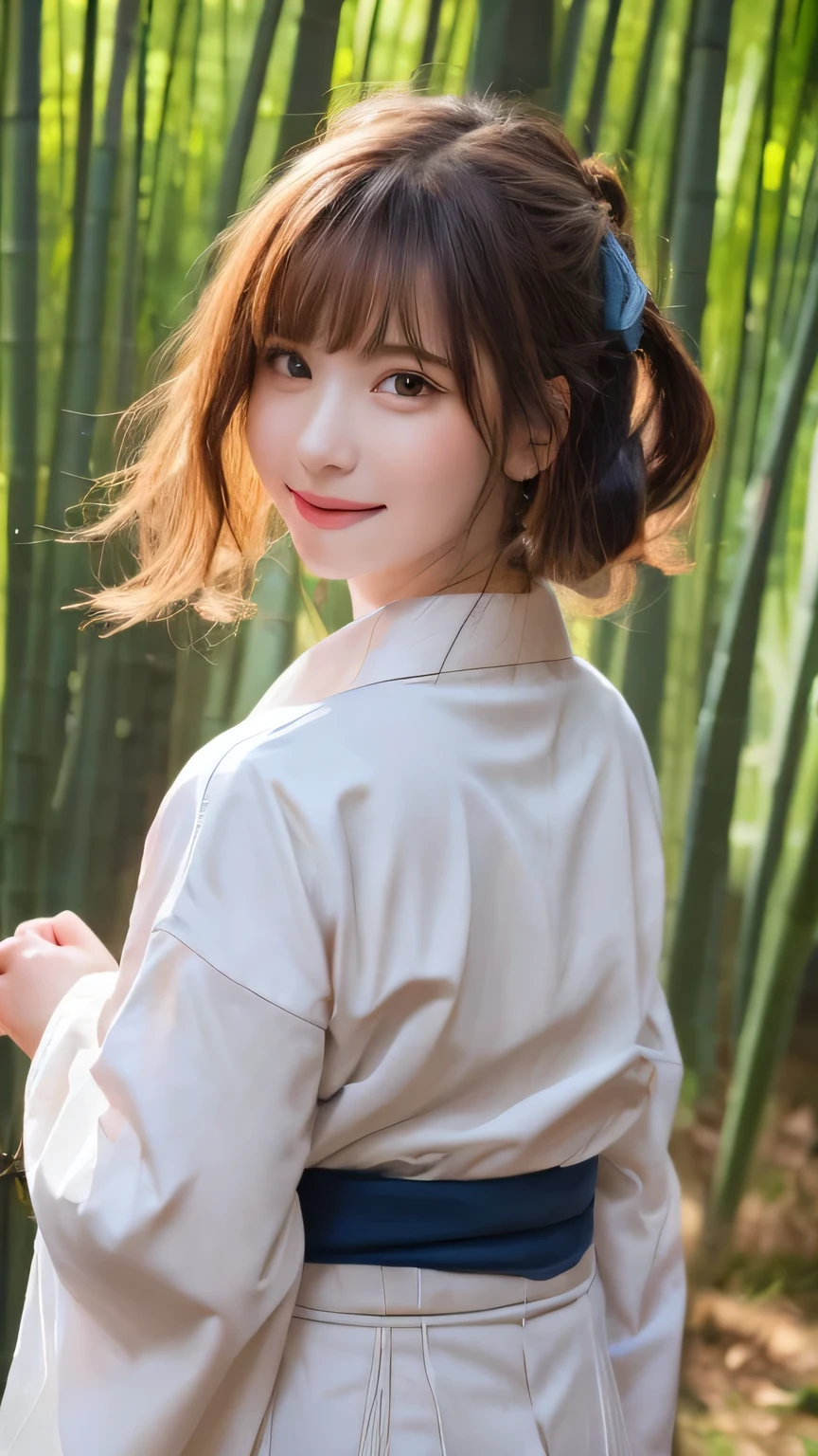 Best image quality (8k, High resolution, masterpiece: 1.2), Very detailed, Random Hairstyles, 26-year-old woman,
Extraordinary beautiful girl、Cute and beautiful face details、(Dealing with the Children_v1:0.008)、
score_9, score_8_upper, score_7_upper,
Walking through the misty bamboo forest
Situation: Slowly walking through the bamboo forest shrouded in morning mist。Light shines through the bamboo、Creates a fantastic atmosphere。
clothing: A woman wearing traditional Japanese clothing。A pale pink kimono、Reflecting against the green of the bamboo forest and the morning light。
Camera angle: Shot from behind, towards the depths of the bamboo forest、Capturing the figure melting into the morning mist。
,Active stop temporarily ,
On her side、The thunder danced。
Focus on the upper waist
, Random cute poses ,Big eyes ,Puffy eyes , Heart pupil, blush , Big shy smile , salute