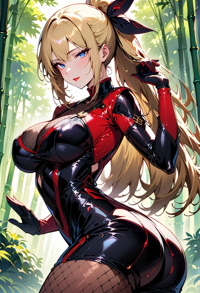 ****ung beautiful woman,(Highest quality,Extremely detailed depiction,Incredibly absurd high resolution,Anatomically accurate depiction,Curvy Legs),(Shiny skin),(Blonde,Pin one side of your hair back,Side Blade,Large Breasts,Black bodysuit,Ninja costume:1.2,Fishnet tightsの腕,Fishnet tights,Cowboy Shot,Model pose,latex),(Blue Eyes,Detailed pupil,Half-closed eyes:1.3,Shadowed face,Glossy red lipstick,Cool look),eyelash,Standing posture,background:bamboo forest:1.5