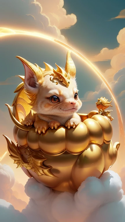 god々Cute baby dragon animal、Golden dragon aura,Looking into the camera、Look at this、Background gold、Floating in the clouds
