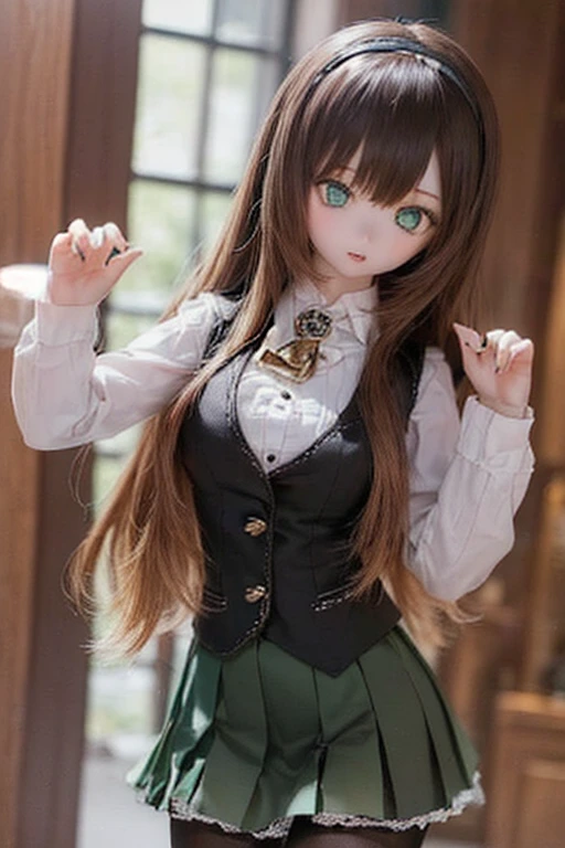 (SFW:2), photorealistic, realistic photo, 8k, ((highest quality)), ((masterpiece)), (extremely detailed), kukolnydom, doll, (mature woman, 21yo, 21 years old, solo:1.6), ((cowboy shot, stylish pose, slim, slender, skinny, medium breasts, hairband, ascot, vest, dress shirt, long puff sleeves, pleated skirt, black pantyhose)), (parted lips, green eyes, brown hair, long hair, plastic skin, looking at another, glass eyes, gradient eyes, shining eyes, detailed eyes:1.3)