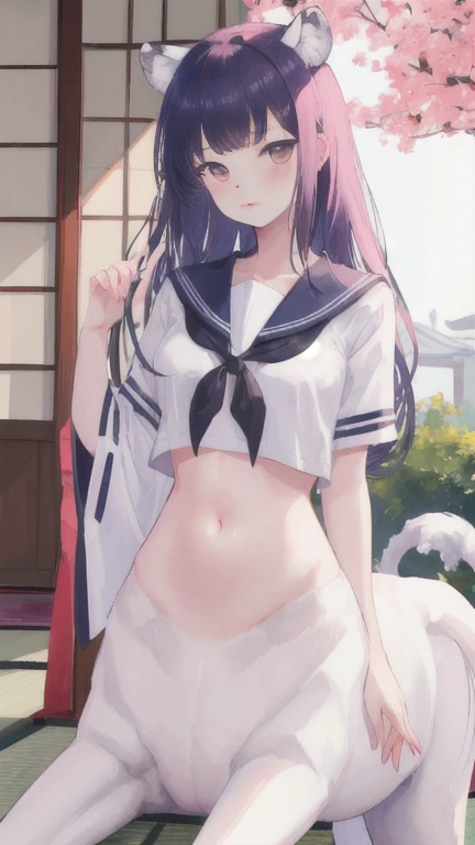 (best quality, masterpiece), 1 girl, centaur, I beg, White skin, Japanese schoolgirl,  ,black pink, exposing the abdomen, belly button t-shirt , beautiful girl perfect, White tiger photo, 완벽한 White tiger photo