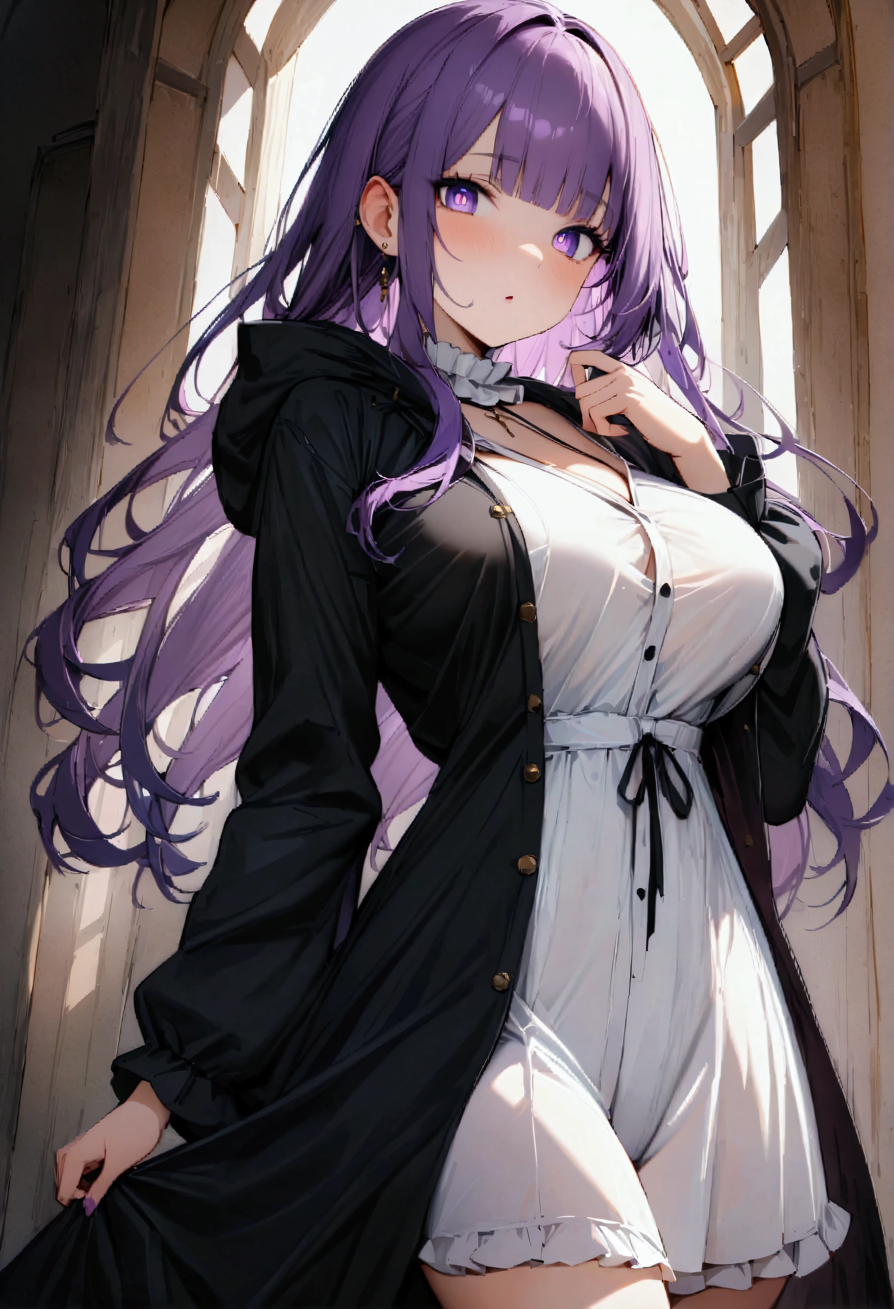 FernCasual, white dress, black robe, open clothes, hood, frilled collar,HSDS, FernSSnF,purple hair, long hair, purple eyes, bright pupils, blunt bangs,large breasts, Score_9, Score_8_up, Score_7_up, Score_6_up, Score_5_up, Score_4_up, BREAK,1girl in full growth, best quality, masterpiece, ultra-detailed, high quality,good quality,1 girl,(master piece,high resolution, ultra detailed,8K,16K),look at viewer