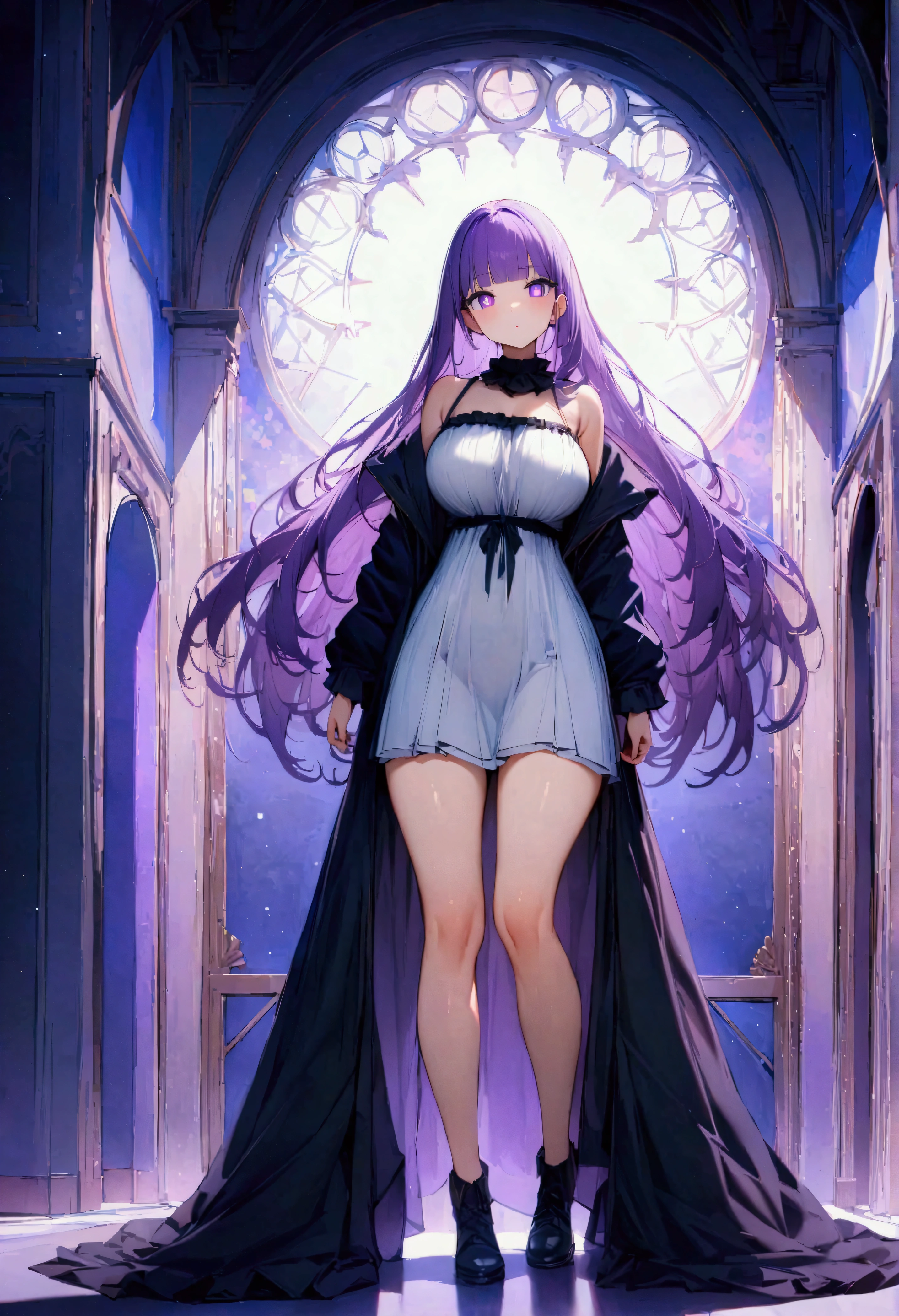 FernCasual, white dress, black robe, open clothes, hood, frilled collar,HSDS, FernSSnF,purple hair, long hair, purple eyes, bright pupils, blunt bangs,large breasts, Score_9, Score_8_up, Score_7_up, Score_6_up, Score_5_up, Score_4_up, BREAK,1girl in full growth, best quality, masterpiece, ultra-detailed, high quality,good quality,1 girl,(master piece,high resolution, ultra detailed,8K,16K),look at viewer