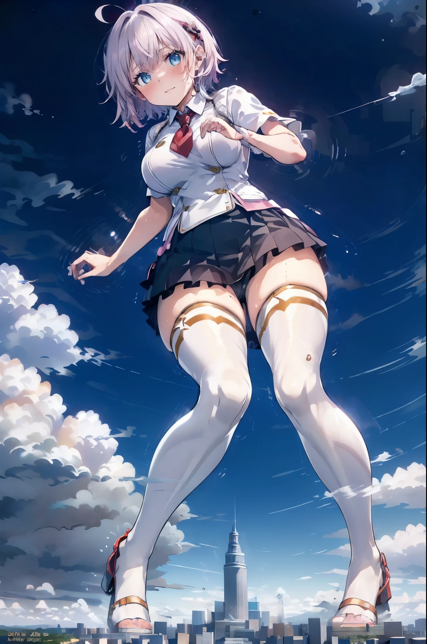 ((((((Full body description))))))、Fisheye Lens、Plump thighs、Super huge breasts、looking at the camera、Embarrassed、((((Alisa Mikhailovna Kujo))))、blush,smile、Silver Hair、blue eyes、school uniform、uniform、Sexy thighs、Beautiful feet、Usual hairstyle、Highest quality, High resolution, unity 8k wallpaper, (shape:0.8), (Beautiful and beautiful eyes:1.6), Highly detailed face, Perfect lighting, Extremely detailed CG, (Perfect hands, Perfect Anatomy),Sweat it outニーハイソックス、Reaching out、Fisheye Lens、Super huge breasts、looking at the camera、Embarrassed、Sweat it out、Giant art, highly detailed Giant shots, Giant, Two legs, Five Fingers, short hair, giant high school girl taller than skyscrapers, smile, Big Breasts, Destroy a city, a very small big city,Lots of big explosions、fire、cigarette、 Miniature metropolis, Description of the whole body, GTS, giga Giant, Stomping City, Crush City, Small Town, Micro City, Pantyhose Legs, High resolution, Highest quality, masterpiece, 