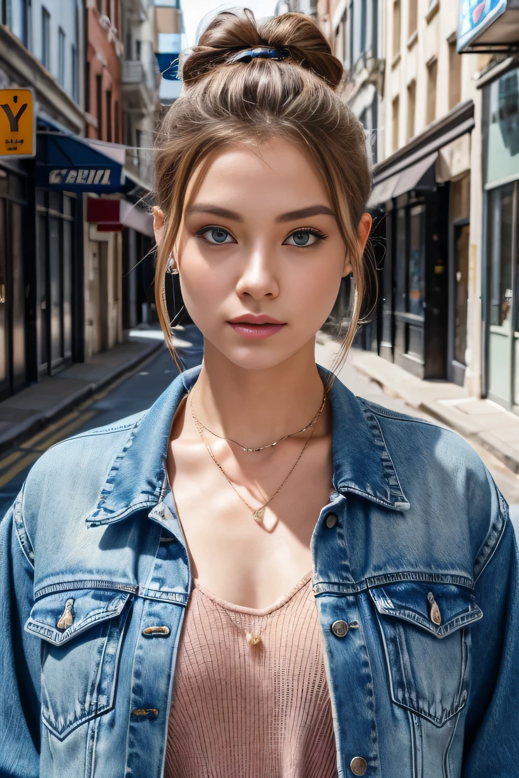 Super Resolution、Beautiful Caucasian Woman、、bionde、Hairstyle bun、Blue eyes、、ear piercing、necklace、Denim jacket、shirt、Open your mouth a little、The background is the street, Task progress 70%%