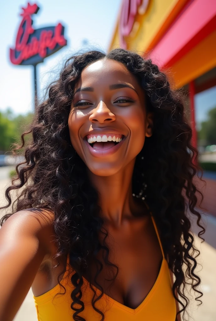  there is a black woman , the woman has, she has dark skin, with dark brownish skin, with long curly, long black loose moisturised curly hair she is taking a selfie with a chick-fa-la in front of her