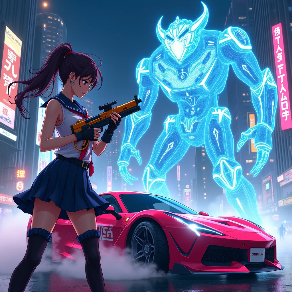 Japanese anime style。A beautiful girl in a uniform is standing next to a car, holding colorful sci-fi weapons。The girl is fighting, wielding a weapon against an entity that resembles a geometric pattern of mixed blue and white shapes.