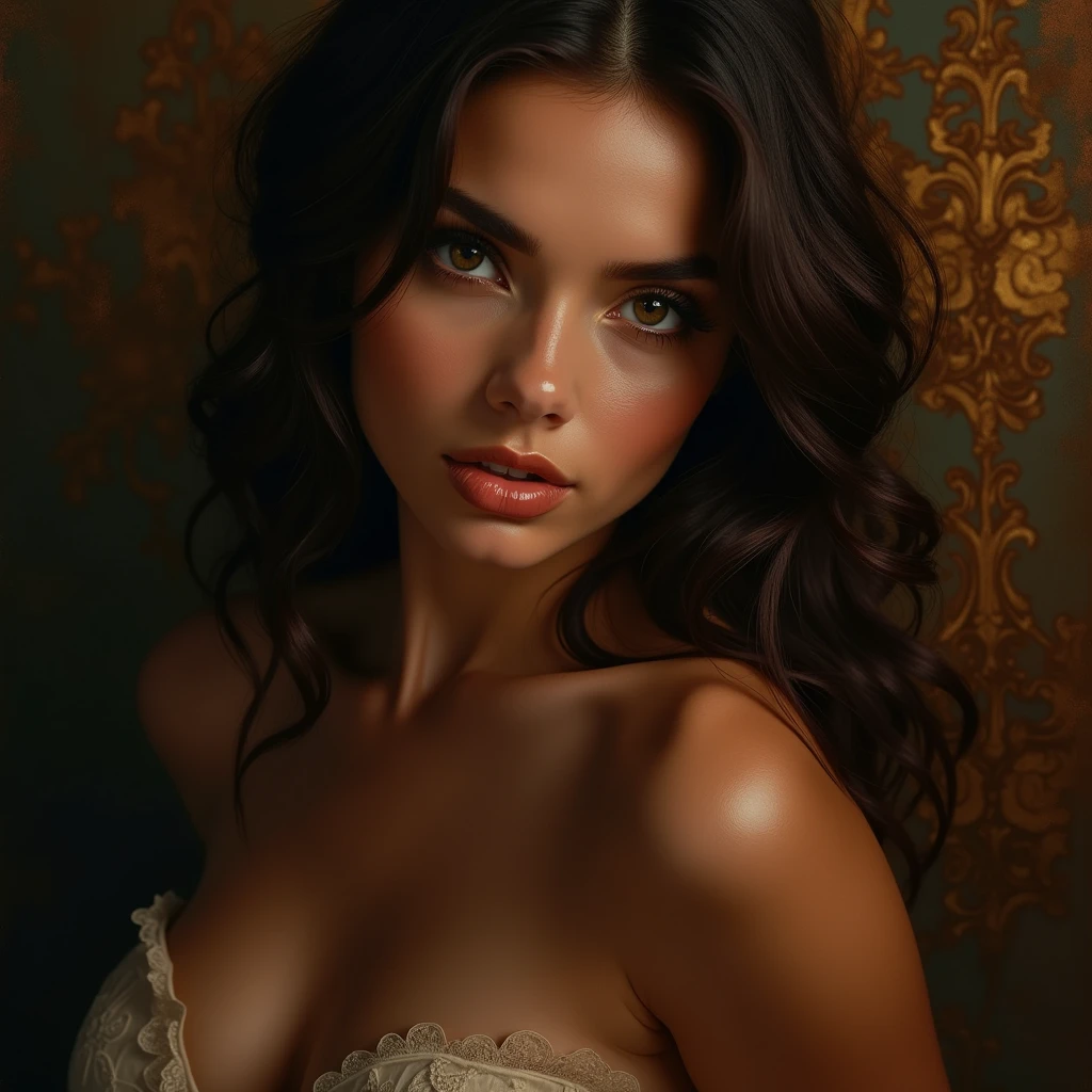 a beautiful young woman with lustful expression, extremely detailed face, piercing eyes, provocative pose, (best quality,4k,8k,highres,masterpiece:1.2),ultra-detailed,(realistic,photorealistic,photo-realistic:1.37),oil painting,chiaroscuro lighting,dramatic colors,cinematic,moody atmosphere,intense emotion