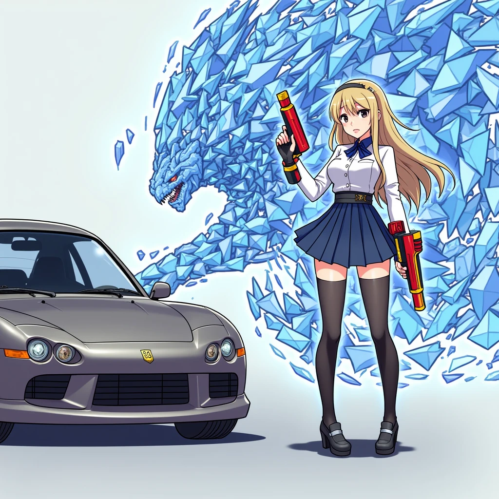Japanese anime style。A beautiful girl in a uniform is standing next to a car, holding colorful sci-fi weapons。The girl is fighting, wielding a weapon against an entity that resembles a geometric pattern of mixed blue and white shapes.