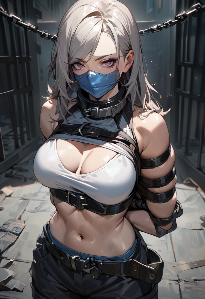 (absurdres, 8k, 4k, masterpiece, hyper extreme detailed:1.2), solo, 1girl, front view, portrait, best quality, perfect face, 1girl, portrait, solo, standing, Female, toned body, mature female, EJP breasts, , long hair, delinquent, sarcastic, swept bangs, midriff, standing up, half body, shorts, hightquality,Realistic,cyberpunked,Realistic, prison, (Futuristic, severe), woman wearing a straitjacket, white rough hair,Full body restraint,lap belt,gagged,bar gag, Restraint belts here and there,Thick fabric,arms bound),gagged,bar gag, Restraint belts here and there,Thick fabric,arms bound), prison( The dim, chains, Woman in the center of the room),,(arms behind back:1.5), bound arms,