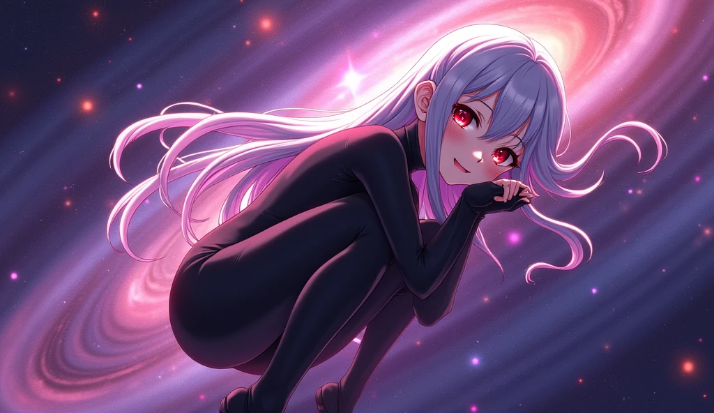extreme quality, extreme details, ((Anime girl)), score_9, score_8_up, score_7_up, source_anime BREAK 1girl, solo, space, galaxy, nebula, red eyes, floating hair, white hair, very long hair, glowing, black bodysuit, full body, floating, knees up, fetal position, (head rest:0.3), head tilt, looking at viewer, parted lips, large breasts, skin tight, white skin, pale, from side, abstract background, vibrant, purple theme, ass, [sitting::0.2], (smile:0.4), hugging own legs, caustics, black gloves, magenta theme, science fiction, colorful, vibrant, close-up