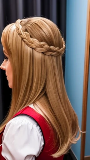 A German woman with perfect hair in the character's dressing room