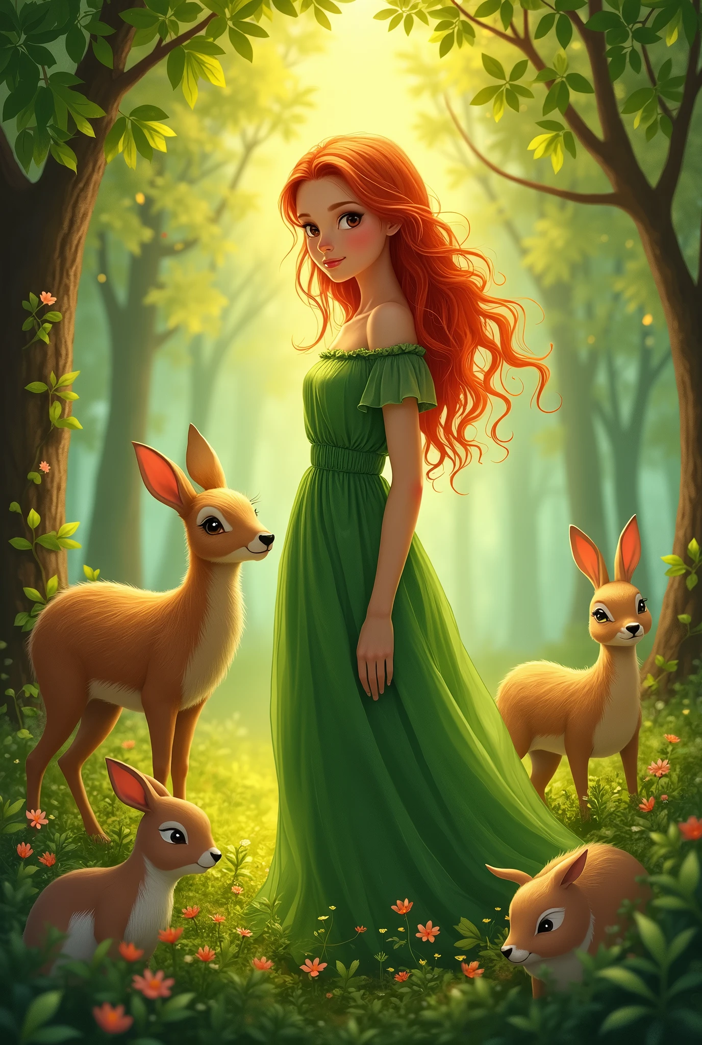 very beautiful girl with red junior rules the forest all animals look with love