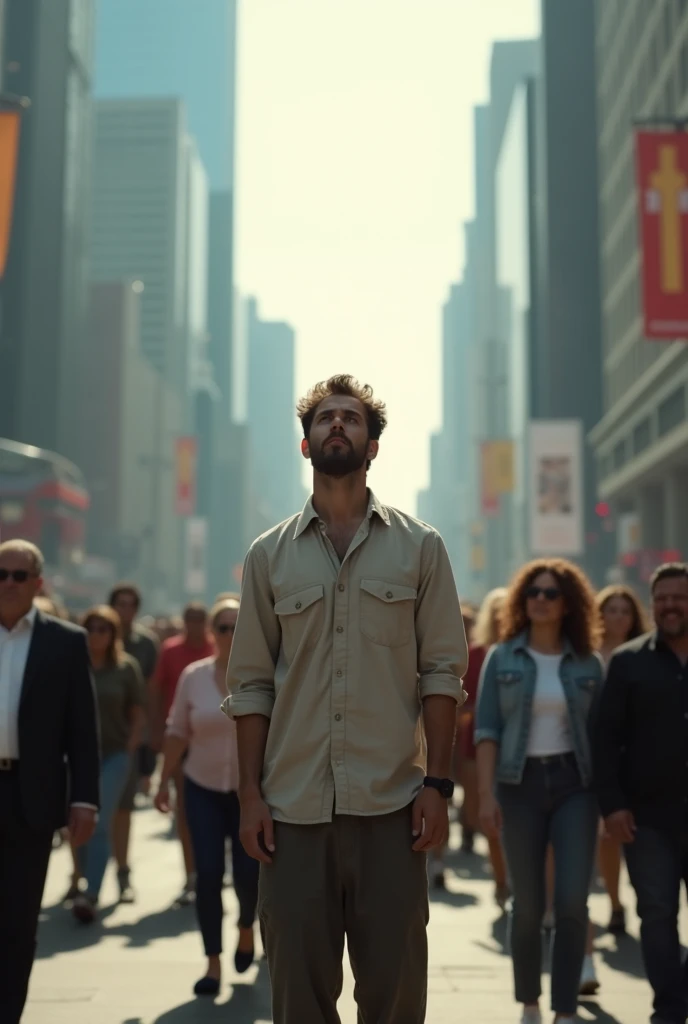 imageio, view from high, of a man isolated in the middle of the crowd, conveying the idea that you can't achieve anything alone