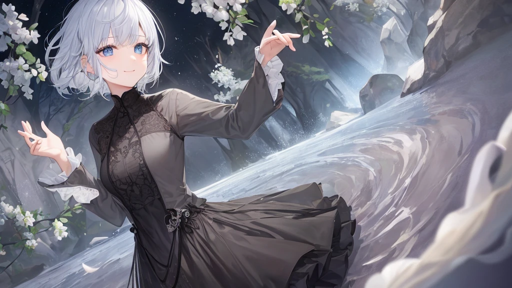 Ultra HD,Look at the viewers, Place your hands behind your back, and, 20-year-old, 非常にshort hair, Long bangs between the eyes, Pale blue eyes, Very detailed,(masterpiece、Highest quality),Gray Hair、Laughter、wonderful, Silver Hair, iris, short hair、 Fluttering Hair、Small face、明るいsmile、(Detailed face) ,Professional Lighting,wonderful風景,blue sky, sunlight,Looking down from above,Portraiture、Open your mouth、Flower Field、Her eyes were shining、Mysterious and enchanting atmosphere。With AI Painting、andてもshort hair, Long bangs between the eyes, Very detailed,(masterpiece、Highest quality)、alone、Gray Hair、Fantasy, Silver Hair, Fantasyな風景、smile、Open your mouth、short hair、short hair、hairpin、black eye、Grey Eyes、Beautiful Eyes、Black Shirt、White hoodie