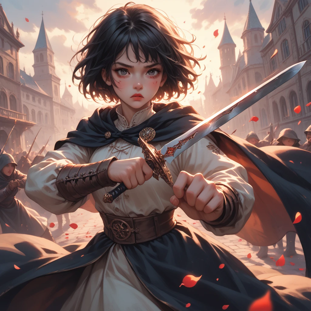 1 warrior women with several scars, expressive black eyes, black short hair, dressed with a black cape, using his massive two hand sword ,fighting pose ,black petals fall from the sky in big medieval city in sunset in background, detail richness, masterpiece, best quality