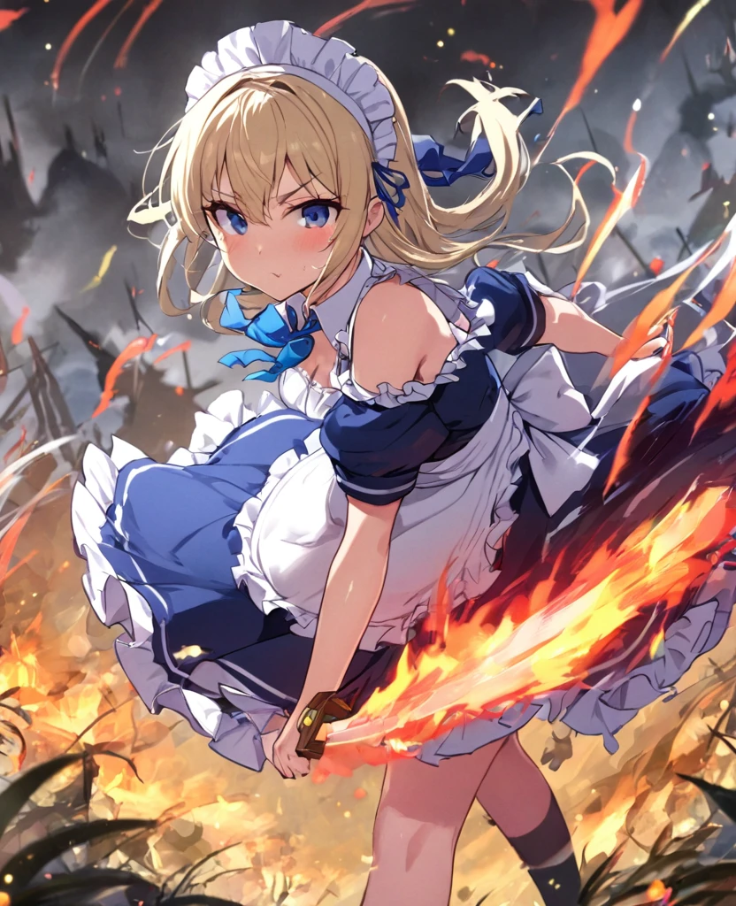 (8k, super high quality, masterpiece), (detailed), One Woman, Small breasts, Blonde, cute, Slightly longer, Blue ribbon, Apron dress, Maid clothes, Brandishing a two-handed sword, Dynamic stance, Burning Battlefield, Castle Defense, 全身がDirtてる, Torn clothing, A strong enemy in front of me, Deadly Combat, Intense Combat, Dirt