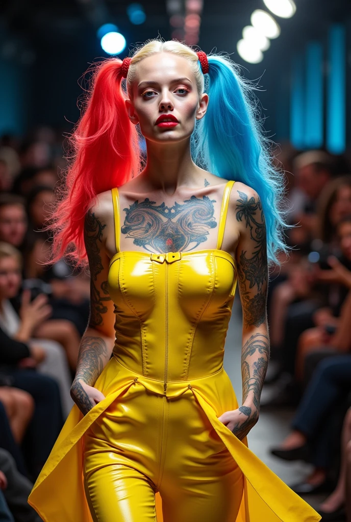 large bosom tattoed blonde woman (hair in red and blue pigtails) wearing only a 'black tape project' costume made of yellow police tape.. very pale face, red lips. in a new york fashion show catwalk