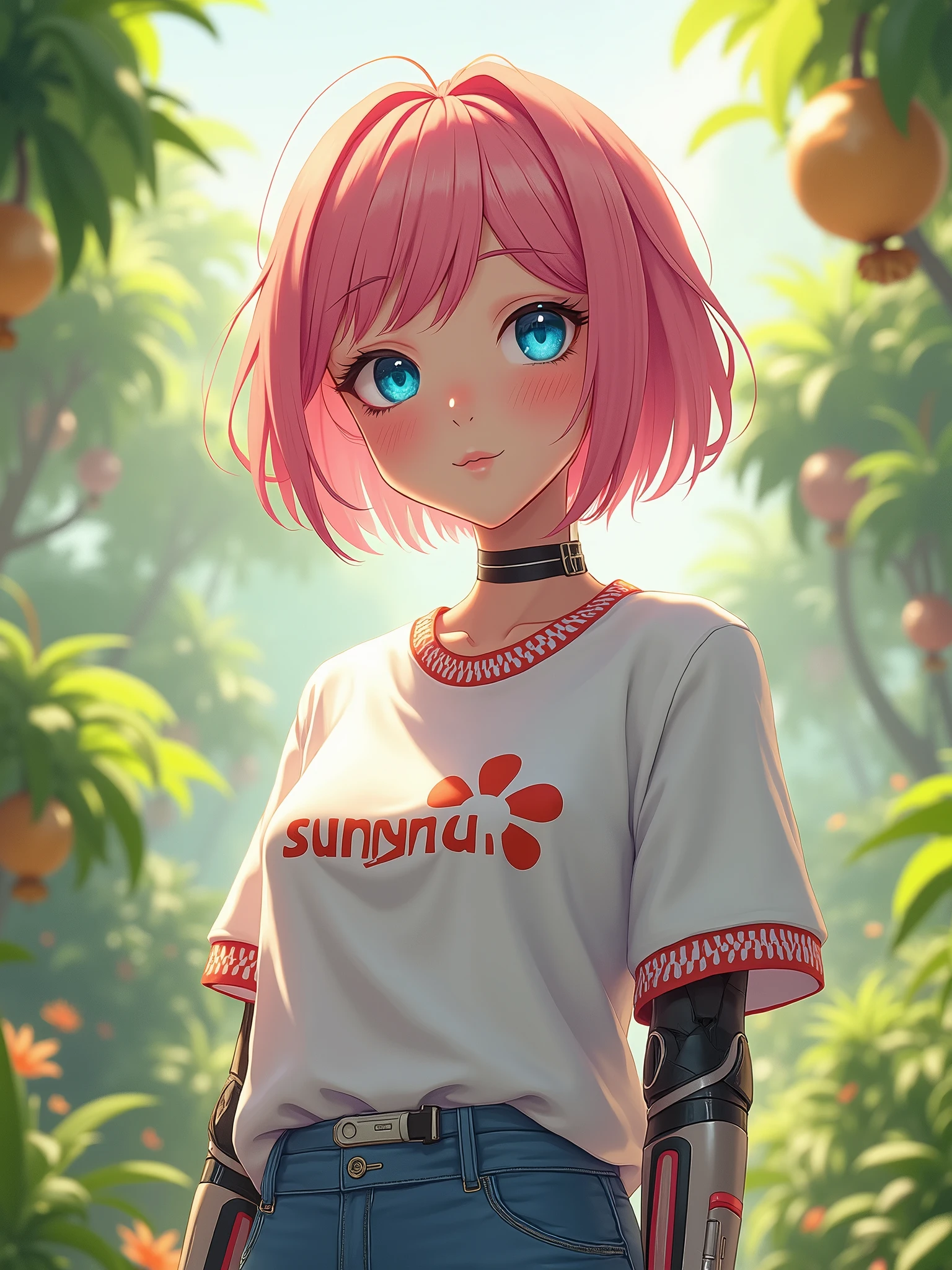A 23 Year old female character, wearing a casual expensive shirt written sunny1studio, short pink hair, afternoon vision, blue eyes, fantasy, pretty face, cute face reaction, pretty shirt, half robot