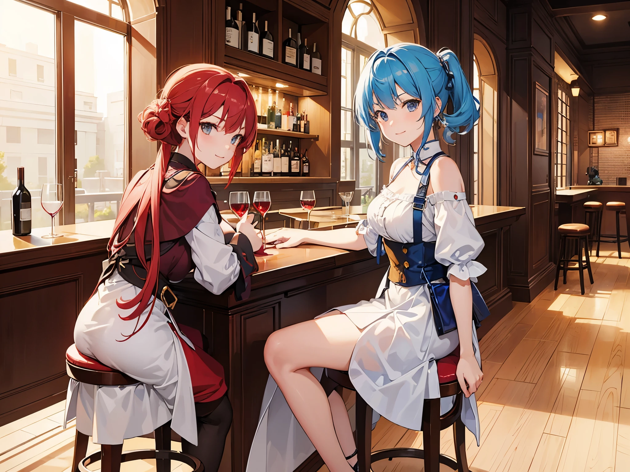 Two girls are sitting back-to-back on bar stools at a wine bar.。、the girl with red hair is smiling happily。、The girl with sky blue hair has a troubled expression.。