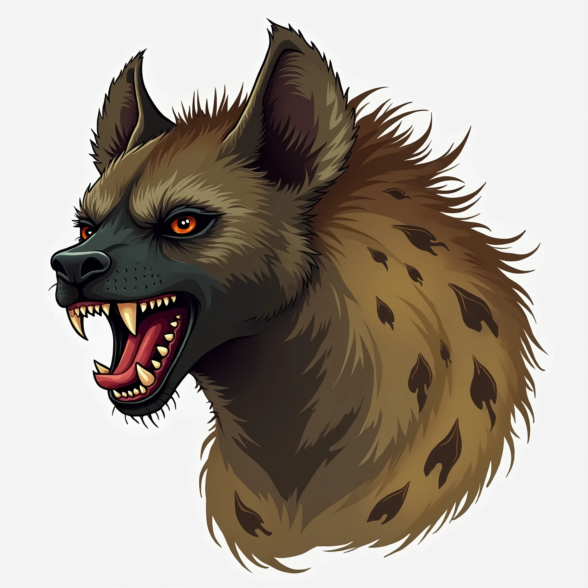 (masterpiece, top quality, best quality, official art,beautiful and aesthetic:1.2),(4k,8k, best quality,masterpiece:1.2),(((white background))), solo,A hyena with a bloodthirsty and ferocious expression, clear and accurate structure, modern realistic representation, and consistent lighting that looks natural and believable.