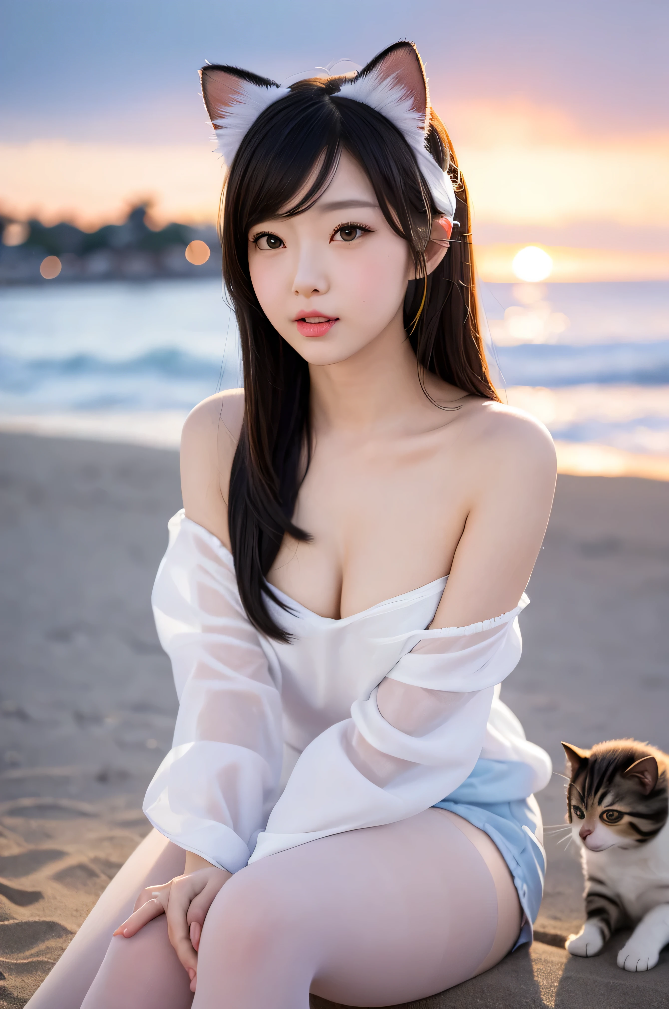 masterpiece, Bokeh, (Cat ear:1.4), Sitting on the beach at sunset, Looking at the audience, office lady, pantyhose,(masterpiece, Highest quality, It captures a very cute moment, Depth of written boundary, Super detailed, Ultra-high resolution, C4D, Octadale, 3D Modeling,Realistic human photos、 8k, 16K, one person&#39;s,, 15 years old、Small breair,short hair,Straight Hair,Light brown eyes,Cute Face), Bloomers, Black tank top, zettai ryouiki, Wet clothes,Classroom Nights,Moonlight, Good elevator, Take off、Real-life skin、Not an anime、Realistic、